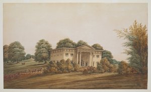 Ein palladianisches Gartenhaus in einer parkähnlichen Landschaft, Delhi, mit einer Kutsche und Begleitern