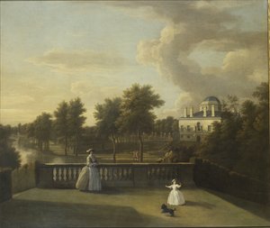 Ansicht der Chiswick Villa von einem Balkon über dem Wasserfall mit dem See von George Lambert
