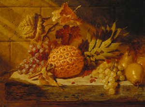 Schwarze und weiße Trauben, Birnen, Johannisbeeren und eine Ananas auf einem Sims, 1845 von George Lance