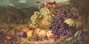 Stillleben mit Obst in einer Landschaft, eine Jagdgesellschaft im Hintergrund, 1859 von George Lance