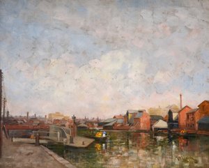 Eine Schleuse des Birmingham-Kanals, 1920-30. Blick auf den Cambrian Wharf in Ladywood von George Leonard Leigh