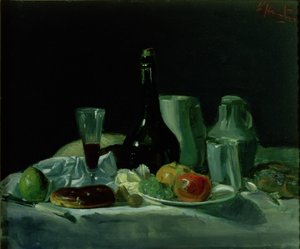 Stillleben - Flasche und Obst
