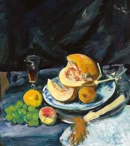 Stillleben mit geschnittener Melone, Glas und Fächer, ca. 1920