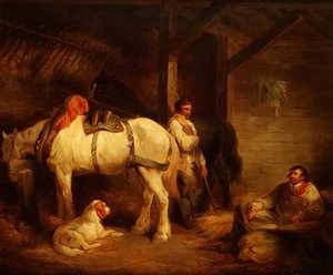 Arbeiter und Kaltblüter in einem Stallinneren von George Morland