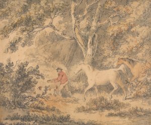 Landschaft mit Pferden, Bauer und Hund von George Morland