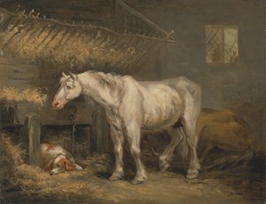 Alte Pferde mit einem Hund in einem Stall von George Morland