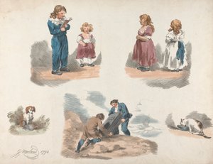 Satz von fünf: Studien von Kindern, einem Hund, einer Katze usw. von George Morland