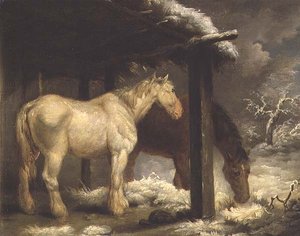 Shire-Pferde bei einem strohgedeckten Unterstand in einer stürmischen Winterlandschaft von George Morland