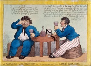 Beobachtung eines Seemanns über den bedauerten Tod von Lord Nelson, graviert von Thomas Rowlandson, veröffentlicht von Rudolph Ackermann, 3. Dezember 1805