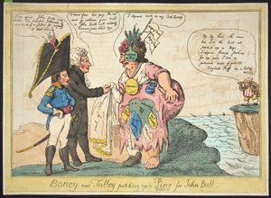 Boney und Talley flicken ein Stück für John Bull, veröffentlicht 1806 (handkolorierte Gravur)
