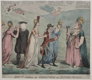 Mutter Windsor mit vier ihrer Kurtisanen, befiehlt ihren Mädchen, den Bischof von Durham und den Herzog von Queensbury zu verhaften, 1798 von George Moutard Woodward