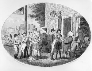 Vor der Old Hats Taverne, graviert von Isaac Cruikshank, 1796 von George Moutard Woodward