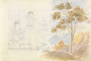 Skizze von zwei jungen Frauen, eine sitzt und liest, die andere streckt sich und gähnt (gezeichnet von Lord Bury) mit einer Zeichnung eines Baumes daneben von George Pechell Mends