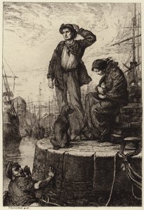 Eine junge Auswandererfamilie wartet an den Docks von George Percy Jacomb Hood