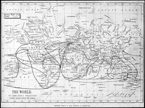 Weltkarte mit Segelrouten und Telegrafenkabeln, ca. 1893 von George Philip and Son Ltd
