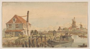 Kanal mit einem Boot, einem Haus und zwei Mühlen von George Pieter Westenberg