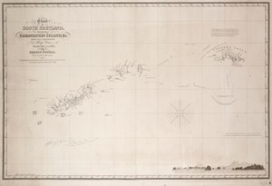 Karte von Süd-Shetland einschließlich Coronation Island, aus der Erkundung der Schaluppe Dove in den Jahren 1821 und 1822 durch George Powell