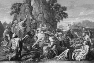 Moses schlug zweimal auf den Felsen, und das Wasser kam reichlich heraus, 1840
