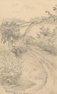 Ein buschiger Weg mit einem Feld dahinter von George Richmond