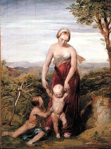 Eine Frau mit zwei Kindern in einer hügeligen Landschaft
