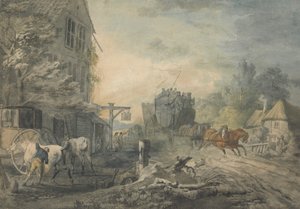 Eine Postkutsche und vier Pferde rasen durch ein Dorf auf der Bath-London Straße