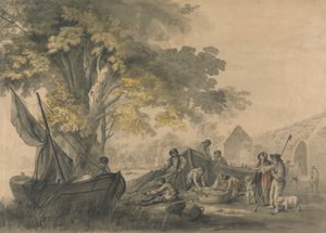 Boote, Fischer und Bauern nahe einem Wehr von George Robertson