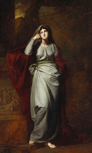 Il Penseroso, oder Melancholie: Eine weibliche Figur, Ganzkörper, in hellgrünen Roben, stehend in einer Landschaft, den linken Ellbogen auf ein Podest mit einem klassischen Fries gestützt von George Romney