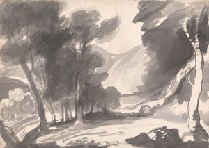 Landschaftsstudie: Gehölz, See und Berge von George Romney
