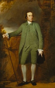 Porträt von George Morewood, in voller Länge stehend, in grünem Mantel, Weste und Kniehosen, einen Hut in der linken Hand haltend, einen Stock in der rechten von George Romney