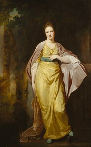 Porträt von Mrs. Ellen Morewood, Ganzfigur, in einem gelben Kleid, blauer Schärpe und lila Umhang, ihren linken Arm auf ein Podest lehnend