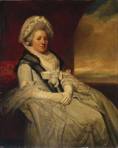Porträt von Mrs. Uppleby, sitzend, Dreiviertelfigur, in einem weißen Kleid und einer Haube mit schwarzem Schal