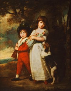 Porträt der Vernon-Kinder, das kleine Mädchen in einem weißen Kleid mit blauer Schärpe, eine Puppe haltend, der kleine Junge in roter Jacke und Kniebundhosen, einem weißen Hemd und einem dunkelgrünen Hut, eine Waffe haltend, mit einem Hund neben ihnen, in  von George Romney