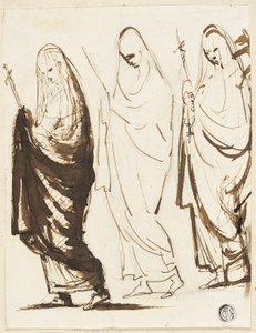 Prozession von drei verhüllten Frauen, die Kreuze oder Zepter halten von George Romney