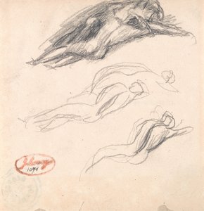 Drei Skizzen einer schlafenden Figur, wahrscheinlich Adam und Eva für "Satan entdeckt am Ohr von Eva" von George Romney