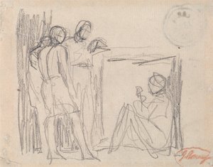 Drei stehende Figuren vor einer sitzenden Figur von George Romney