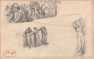 Zwei Skizzen von Frauen und Kindern auf der Flucht und stehende weibliche Figur, die Tamburin spielt, wie für Lady Anne Leveson in "Tanzende Gower-Kinder"