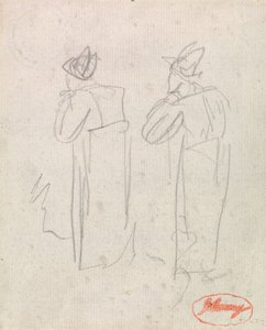 Zwei stehende Figuren mit hohen Hüten von George Romney