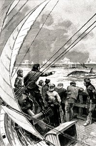 Auf See Richtung Pol: Die Besatzung eines Schiffes (Segelboot) sieht eine Gruppe von Walen. Illustration des Romans von Jules Verne (1828-1905) „Der Eissphinx“