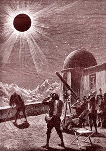 Entdecker in der afrikanischen Wüste betrachten die Sonnenfinsternis. 1888 (Stich)