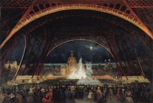 Nachtfest auf der Weltausstellung von 1889, unter dem Eiffelturm, ca. 1889