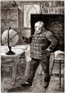 J. T. Maston, Mathematiker und Abenteurer, Sekretär des Gun-Clubs, Hauptfigur in Jules Vernes Roman "Sans dessus dessous", Sammlung Hetzel / voyages extraordinaires 1889. Zeichnung von George Roux. von George Roux
