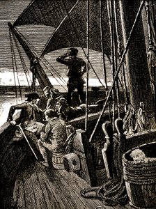 Jim Hawkins belauscht ein Gespräch, das die Piratenmeuterei enthüllt