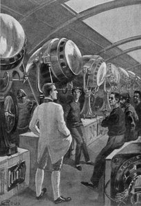 Mechaniker vor ihren Maschinen, Zeichnung von Roux in Der Tag eines amerikanischen Journalisten im Jahr 2889 von Jules Verne