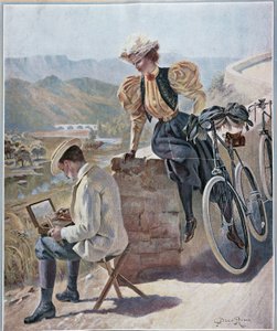 Aquarell und Radfahren - Lithografie von Georges Roux, um 1900