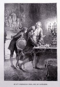 Junger Jim Hawkins, Chevalier Trelawnay und Doktor Livesey versöhnen sich in einem Wohnzimmer - in Die Schatzinsel von Stevenson, illustriert von George Roux, ed. Hetzel