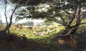 Ein Hirtenjunge und Schafherde