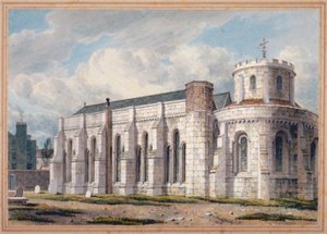 Ansicht der Temple Church vom Friedhof aus, City of London, 1811 von George Shepherd