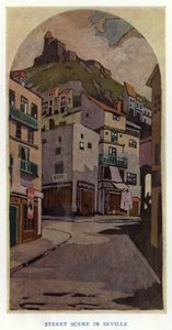 Die Gouvernante von Sheridan: Straßenszene in Sevilla (Farblithografie) von George Sheringham