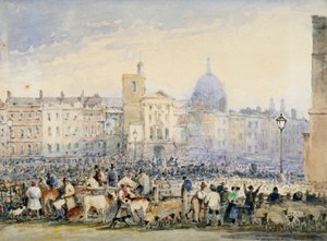 Ansicht des Smithfield-Marktes mit Figuren und Tieren, City of London, 1824