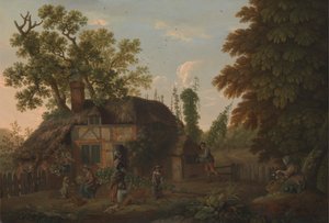 Hopfenpflücker vor einem Cottage von George Smith